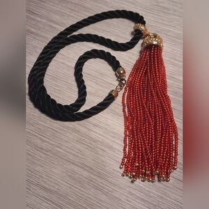Elegant Black Rope and Red Beaded Tassel Necklace
